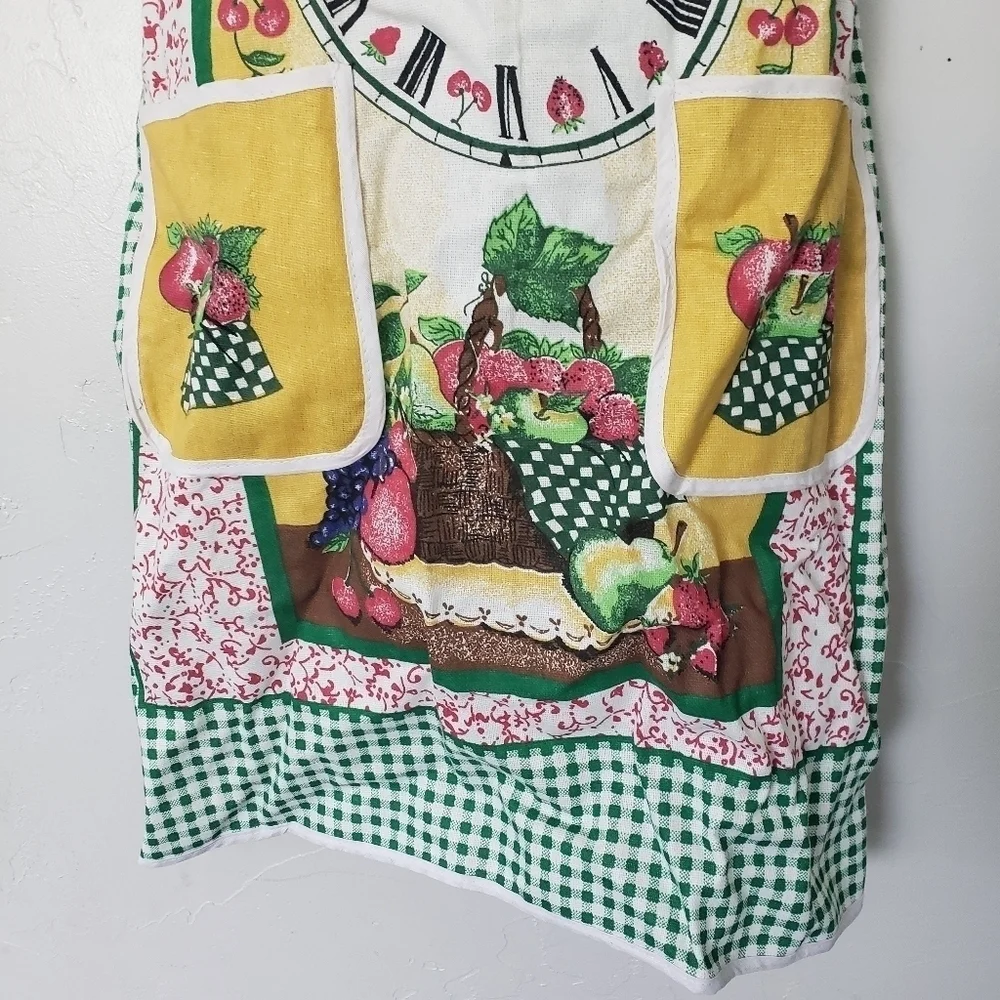Vintage Apron Smock Green Gingham Plaid Red Apples Clock Yellow Fall Harvest